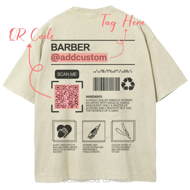 Barber Addcustom QR Code Name Unisex Fit Washed T-Shirt Customscool