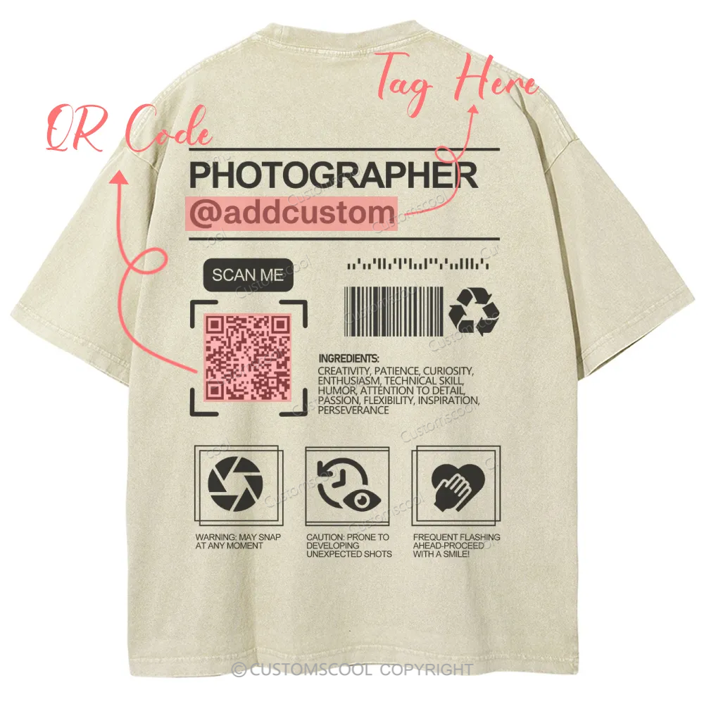 Photographer Addcustom QR Code Name Unisex Fit Washed T-Shirt Customscool