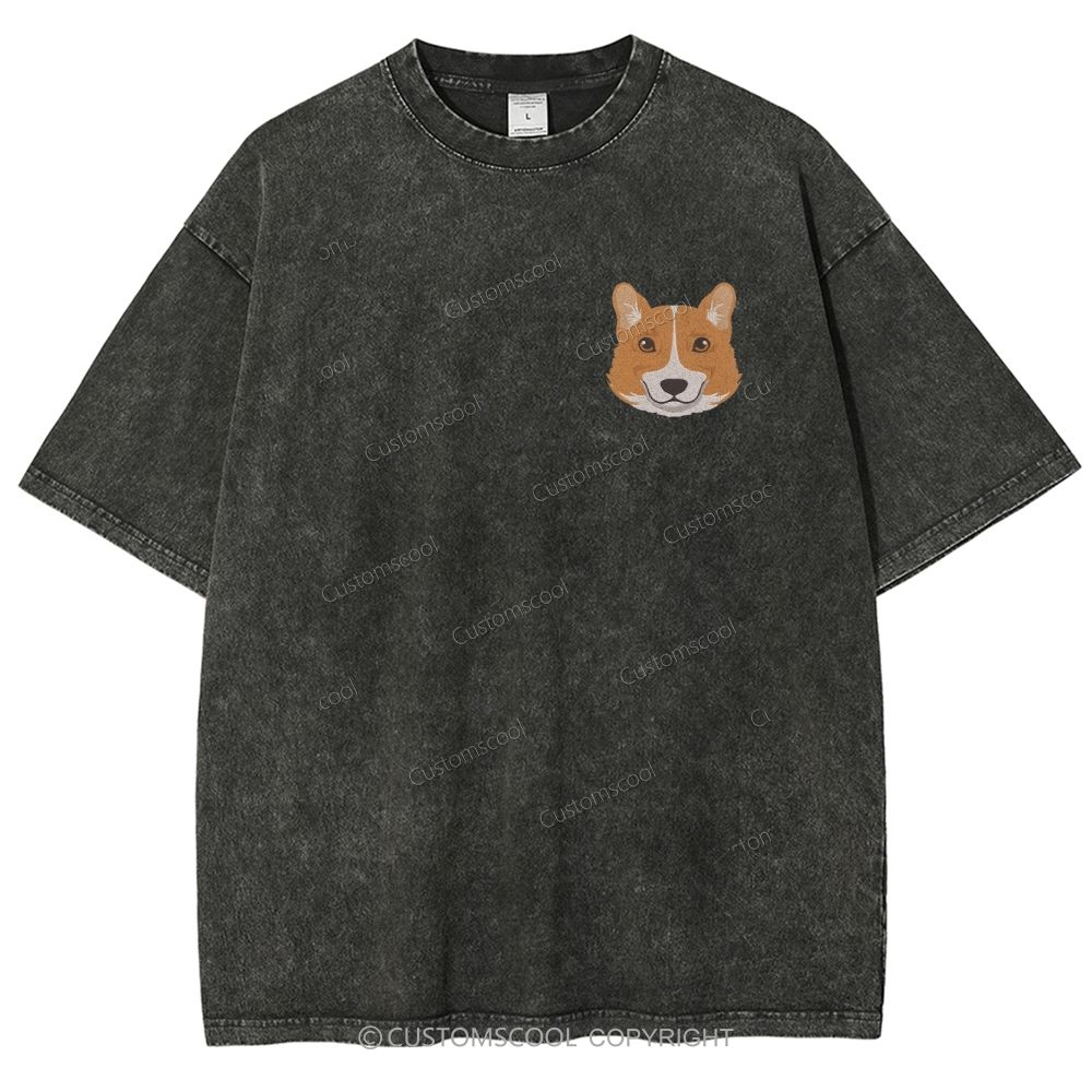 Boxer Pug Pomeranian Welsh Dog Face Embroidery Unisex Fit Washed T-Shirt