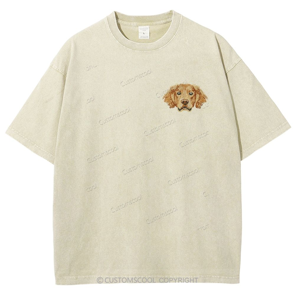 French Bulldog Golden Retriever Labrador Dachshund Dog Face Embroidered Unisex Fit Washed T-Shirt Customscool