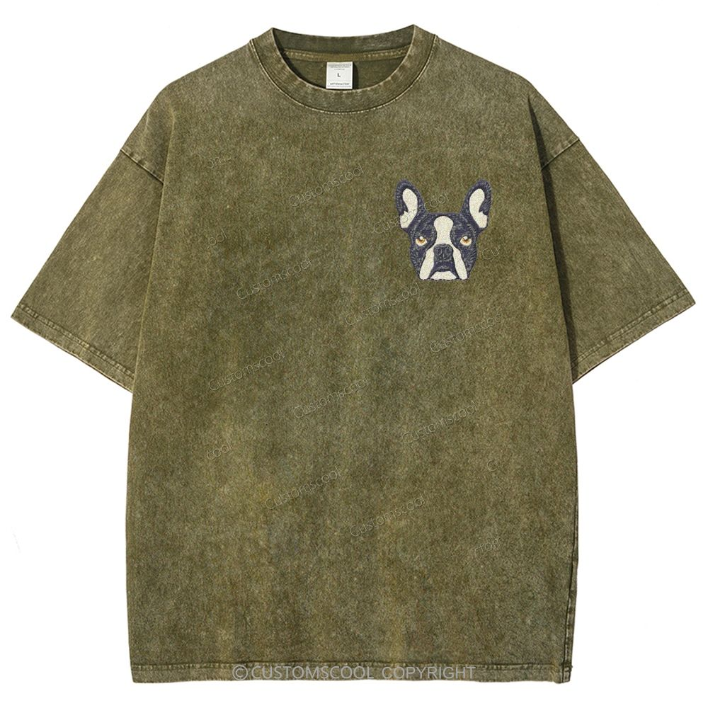 French Bulldog Golden Retriever Labrador Dachshund Dog Face Embroidered Unisex Fit Washed T-Shirt Customscool