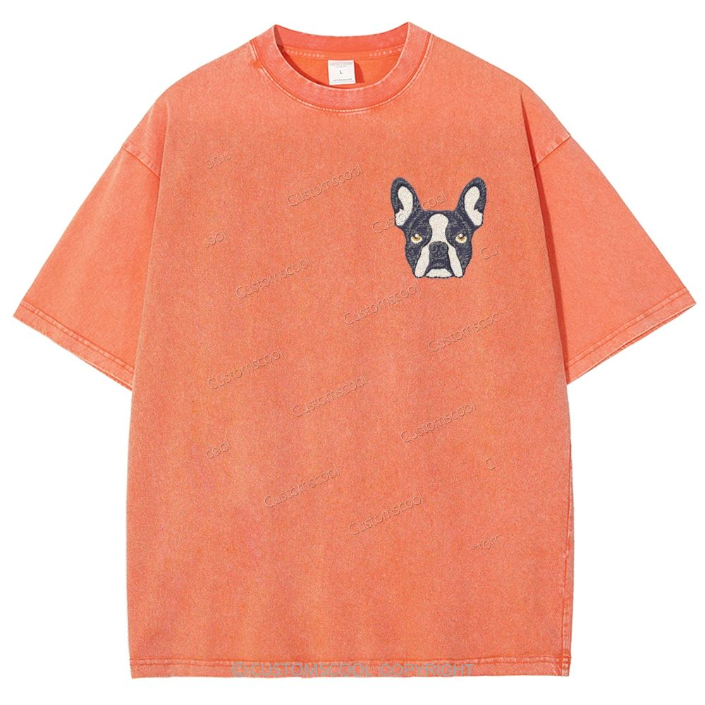 French Bulldog Golden Retriever Labrador Dachshund Dog Face Embroidered Unisex Fit Washed T-Shirt Customscool