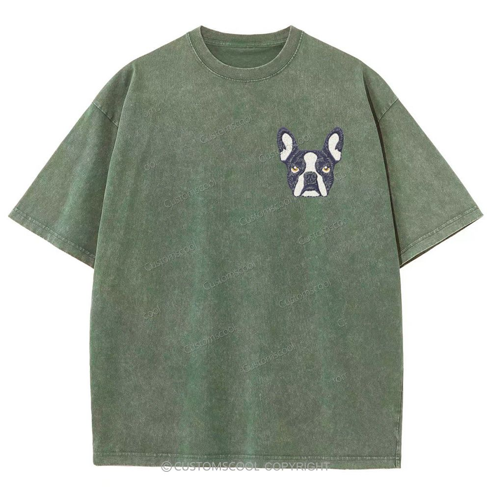 French Bulldog Golden Retriever Labrador Dachshund Dog Face Embroidered Unisex Fit Washed T-Shirt Customscool