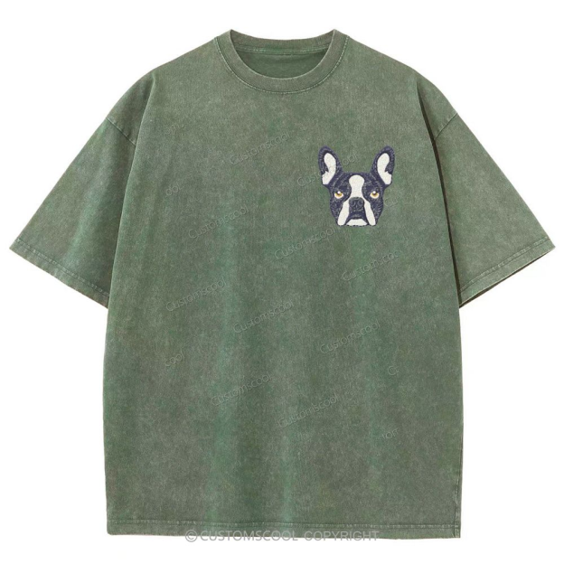 French Bulldog Golden Retriever Labrador Dachshund Dog Face Embroidered Unisex Fit Washed T-Shirt Customscool