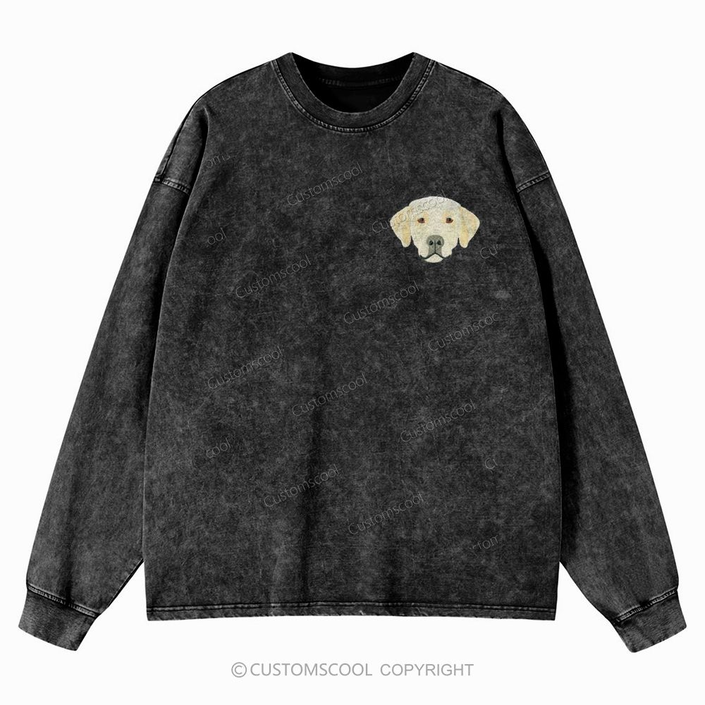 French Bulldog Golden Retriever Labrador Dachshund Dog Face Embroidered Unisex Casual Washed Long-Sleeved T-Shirt Customscool
