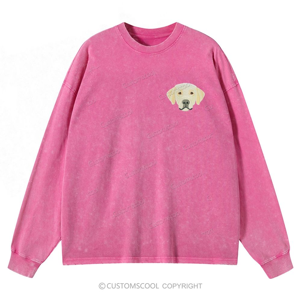 French Bulldog Golden Retriever Labrador Dachshund Dog Face Embroidered Unisex Casual Washed Long-Sleeved T-Shirt Customscool