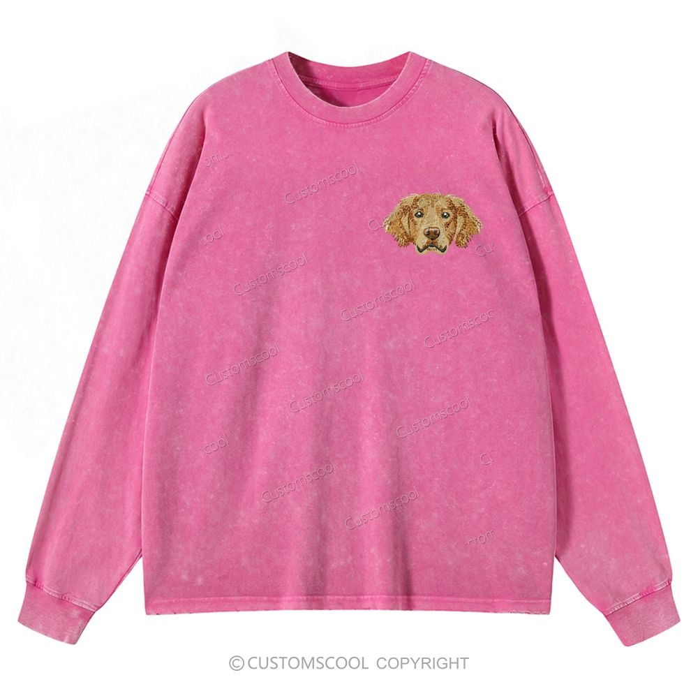 French Bulldog Golden Retriever Labrador Dachshund Dog Face Embroidered Unisex Casual Washed Long-Sleeved T-Shirt Customscool