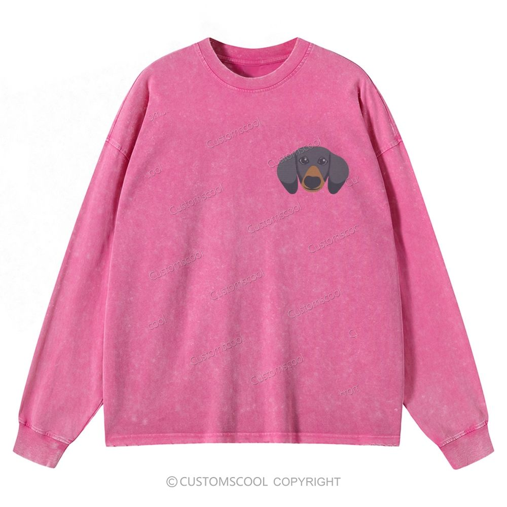 French Bulldog Golden Retriever Labrador Dachshund Dog Face Embroidered Unisex Casual Washed Long-Sleeved T-Shirt Customscool