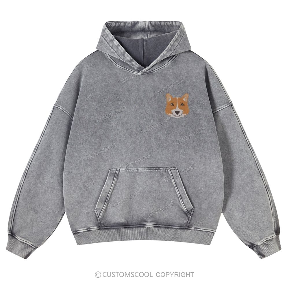 Boxer Pug Pomeranian Welsh Dog Face Embroidery Casual Washed Hoodie