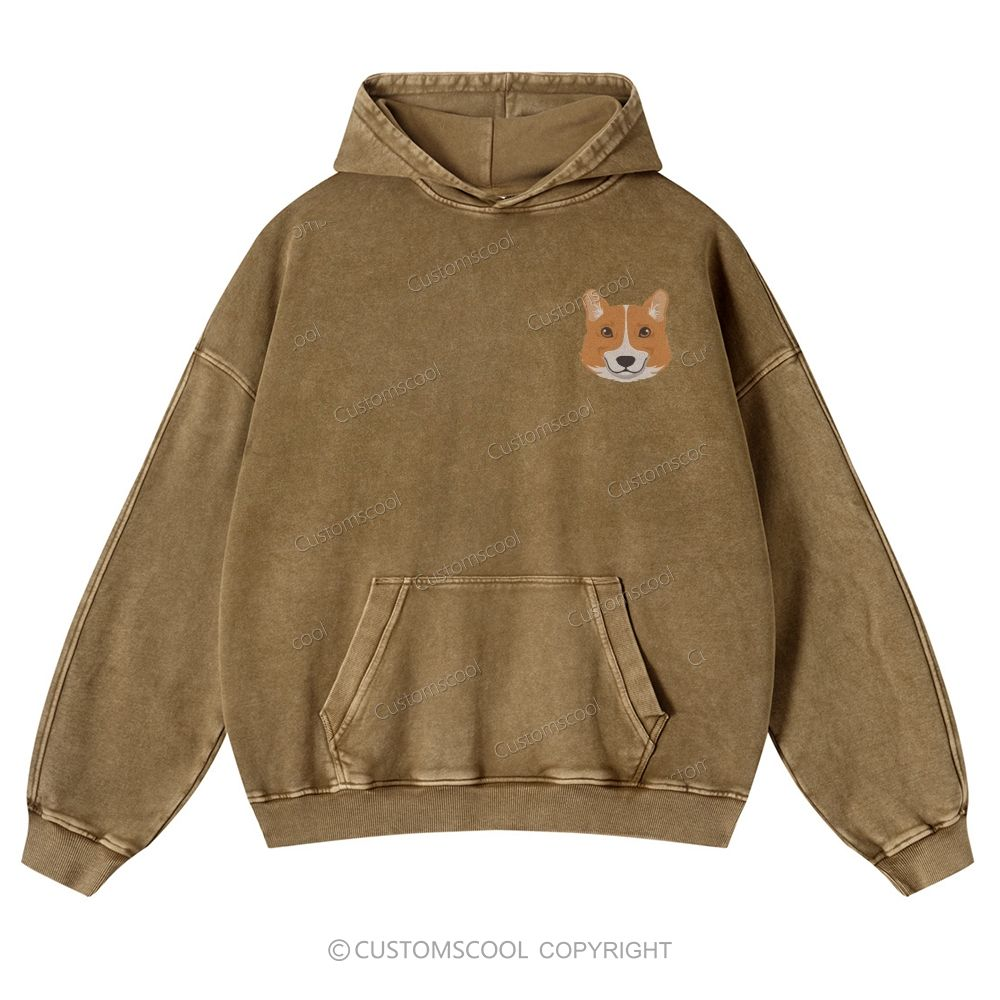Boxer Pug Pomeranian Welsh Dog Face Embroidery Casual Washed Hoodie