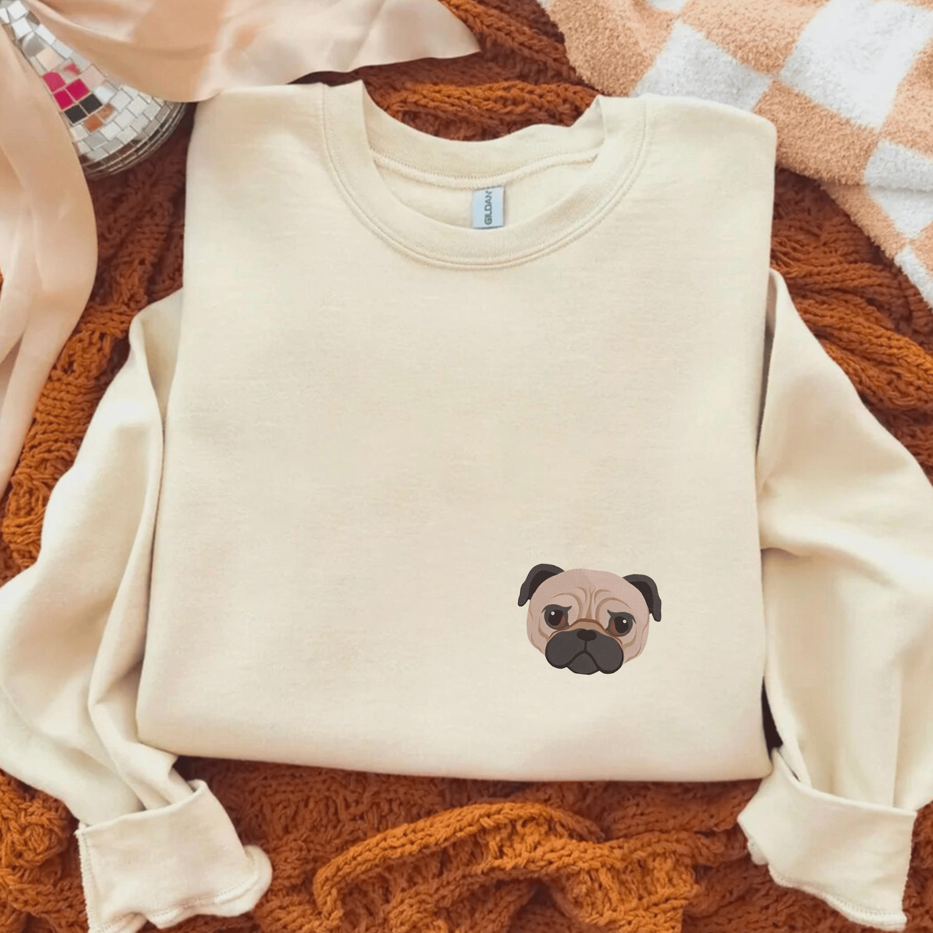 Boxer Pug Pomeranian Welsh Dog Face Embroidery Casual Crewneck Sweatshirt