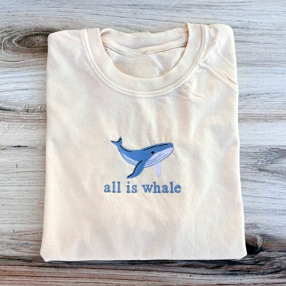 All Is Whale Embroidered Unisex Fit Washed T-Shirt Customscool