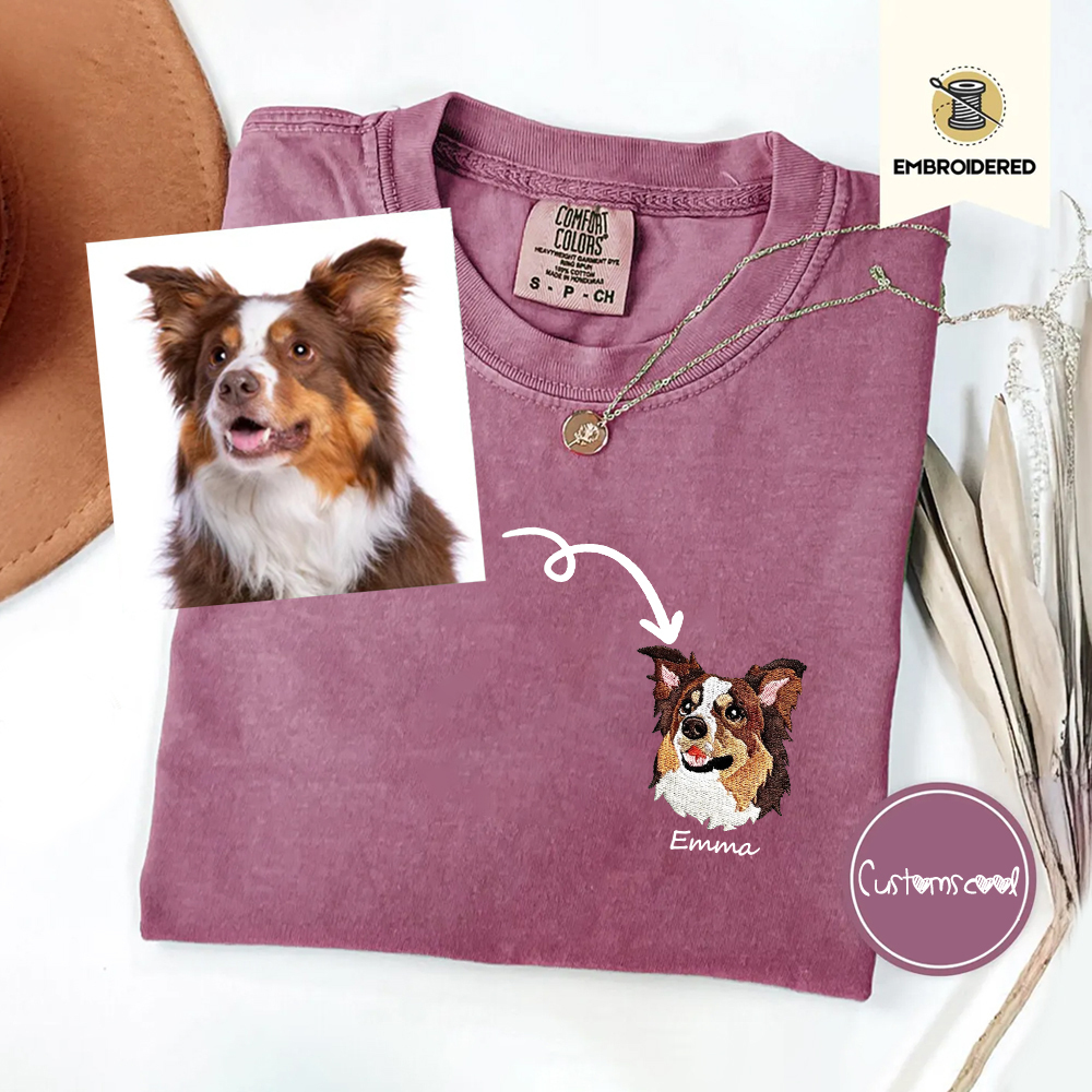Addcustom Dog Face Name Embroidered Unisex Fit Washed T-Shirt