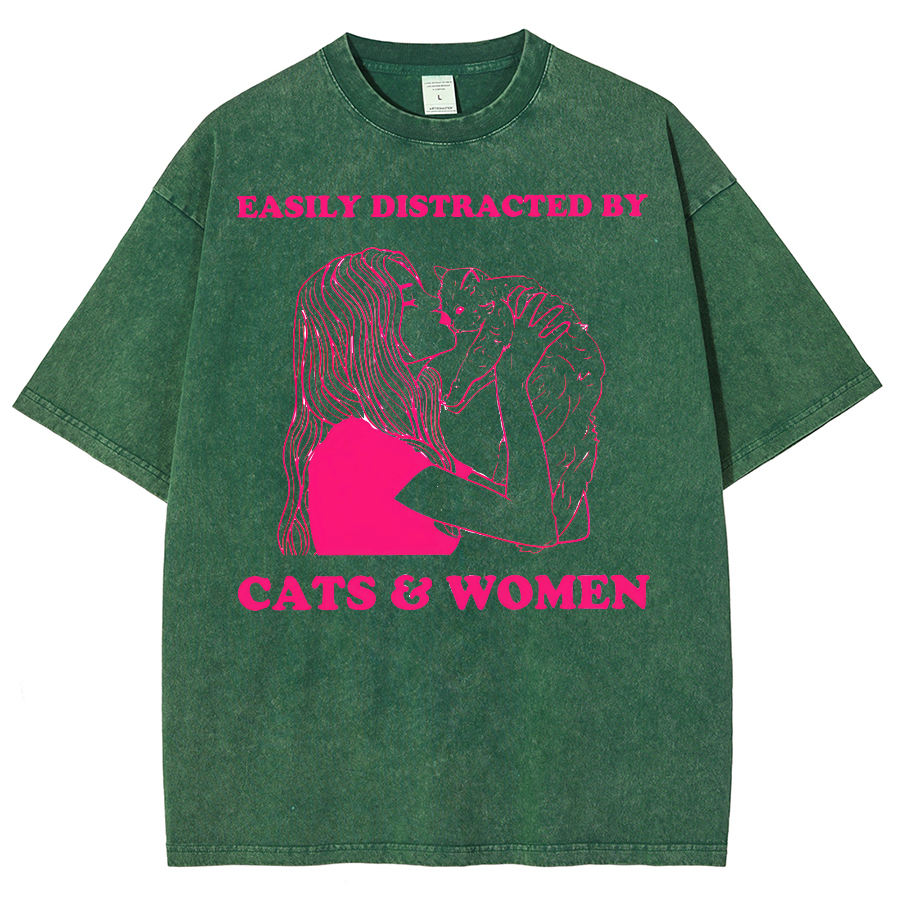 Easily Distracted By Cats & Women Unisex Fit Washed Oversized T-Shirt