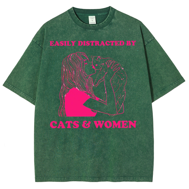 Easily Distracted By Cats & Women Unisex Fit Washed Oversized T-Shirt