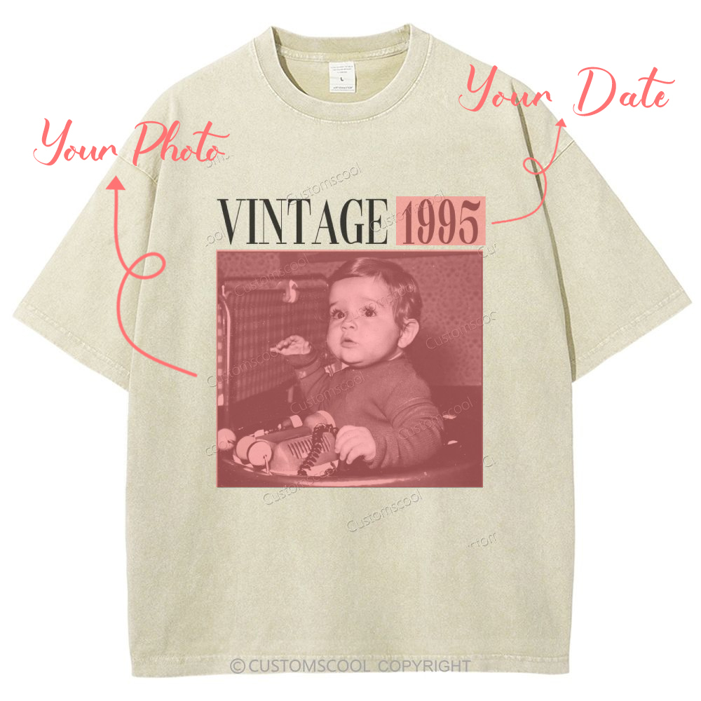 Vintage Addcustom Date Photo Unisex Fit Washed T-Shirt Customscool