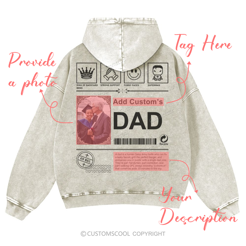 Addcustom's Dad Photo Description Casual Washed Hoodie Customscool