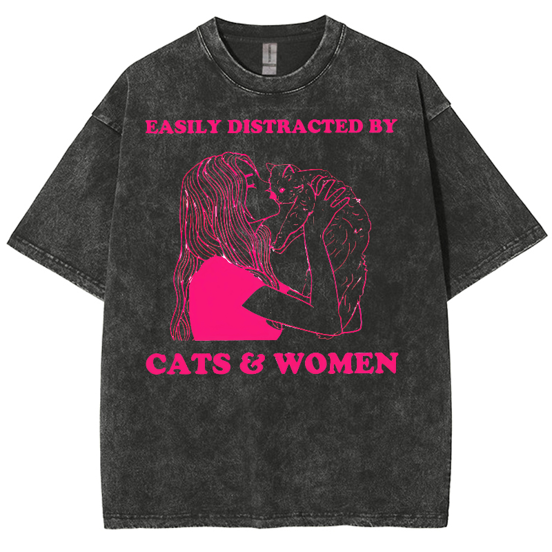 Easily Distracted By Cats & Women Unisex Fit Washed Oversized T-Shirt