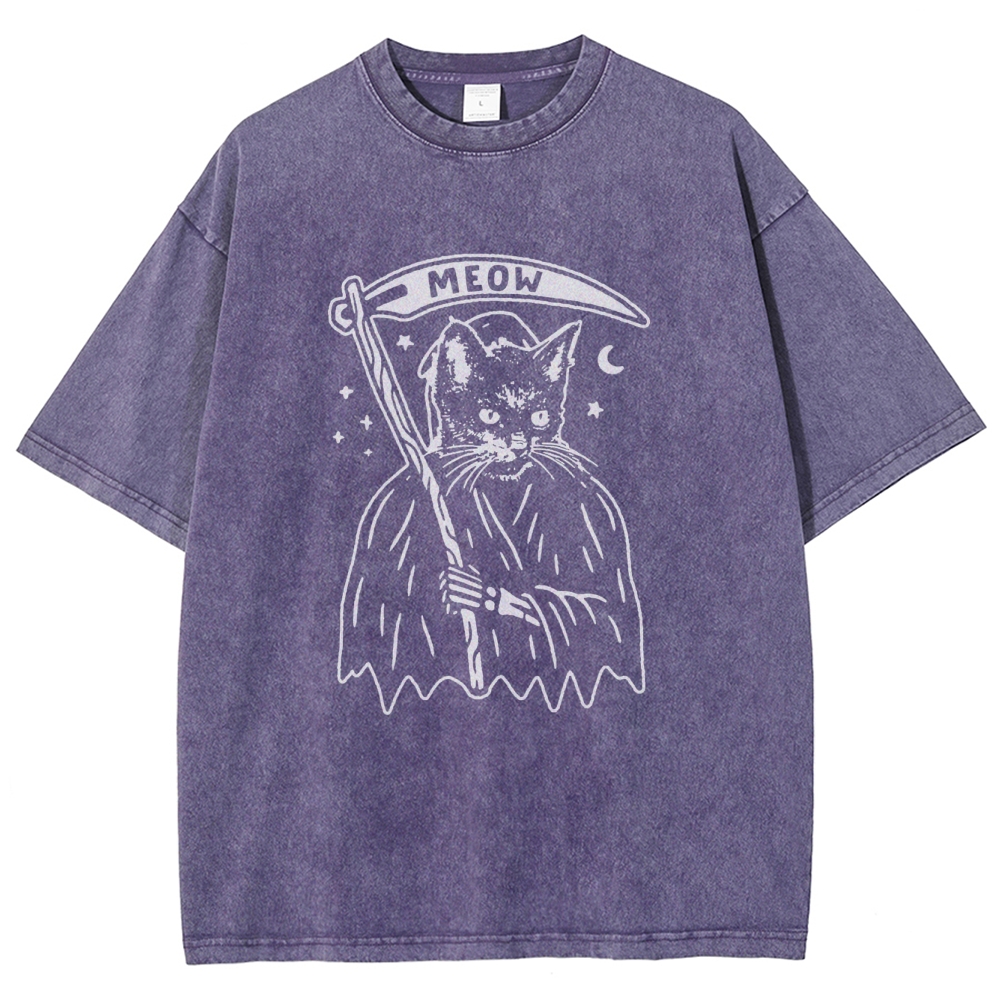 Cat Grim Reaper Vintage Snowflake Washed T-Shirt