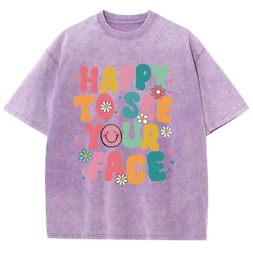 happy to see you face Unisex Fit Washed T-Shirt Customscool