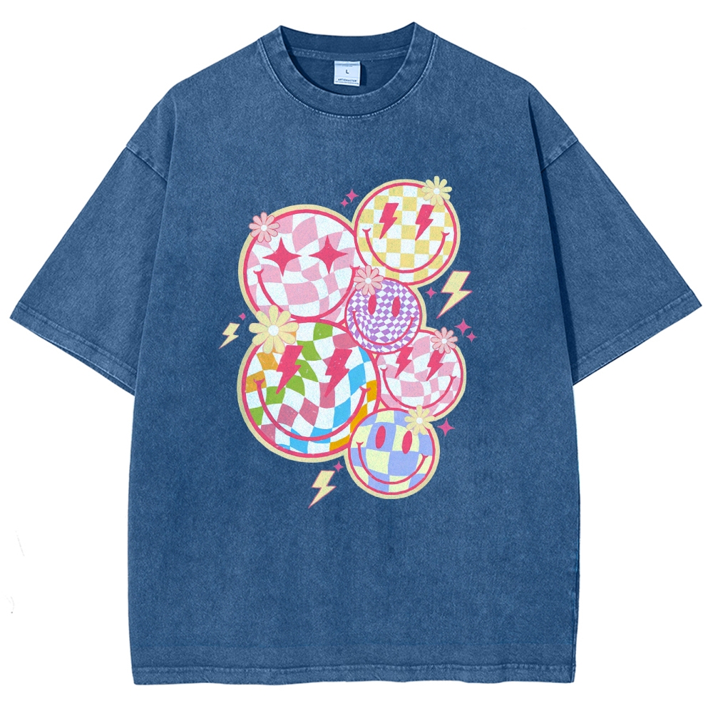 Trendy Checkered Smiley Face Unisex Fit Washed T-Shirt Customscool