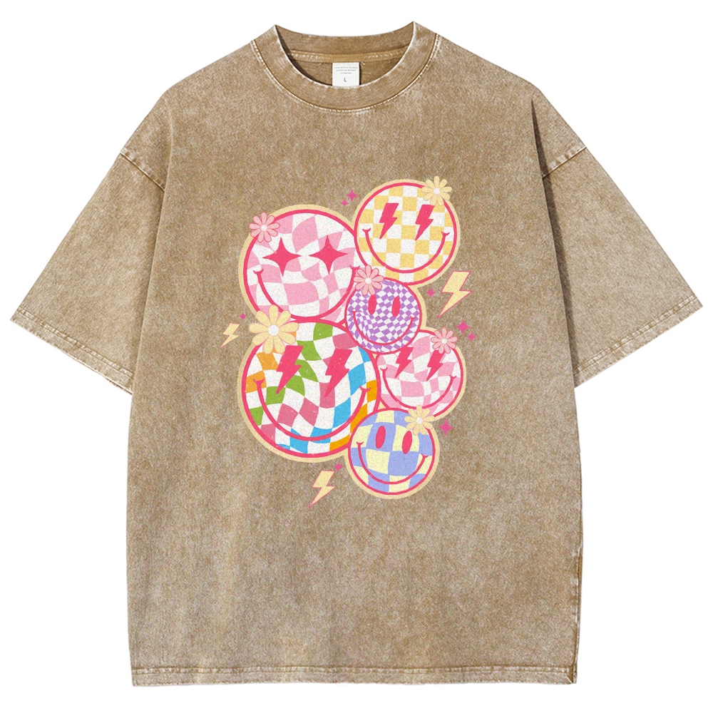 Trendy Checkered Smiley Face Unisex Fit Washed T-Shirt Customscool