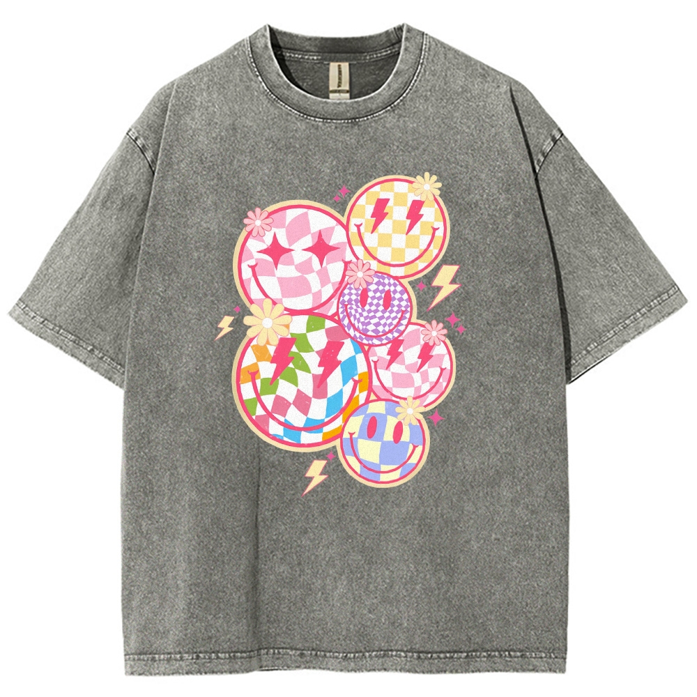 Trendy Checkered Smiley Face Unisex Fit Washed T-Shirt Customscool