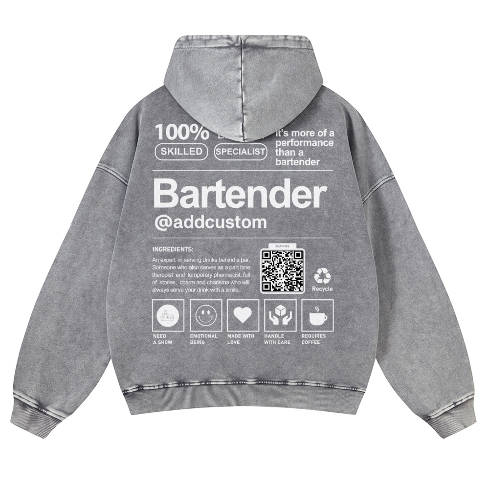 Bartender Addcustom QR Code Casual Washed Hoodie Customscool