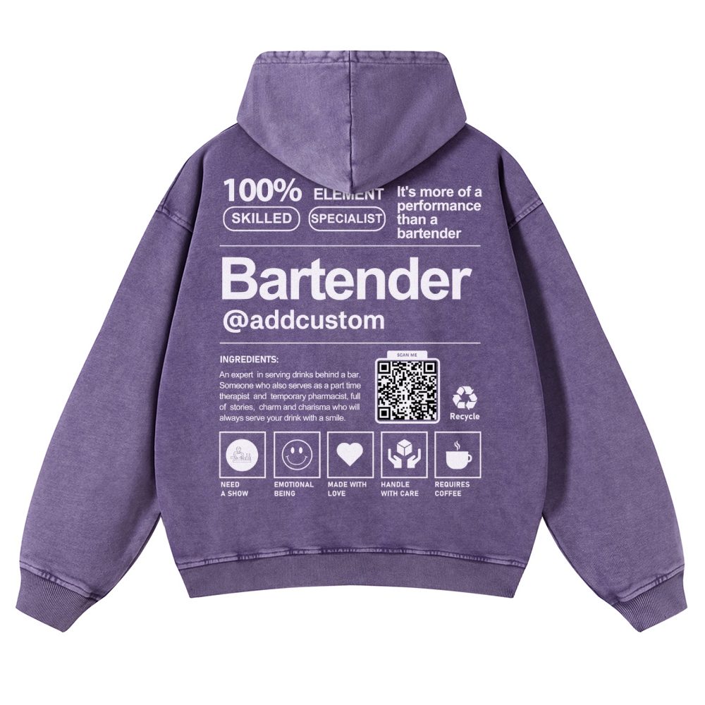 Bartender Addcustom QR Code Casual Washed Hoodie Customscool