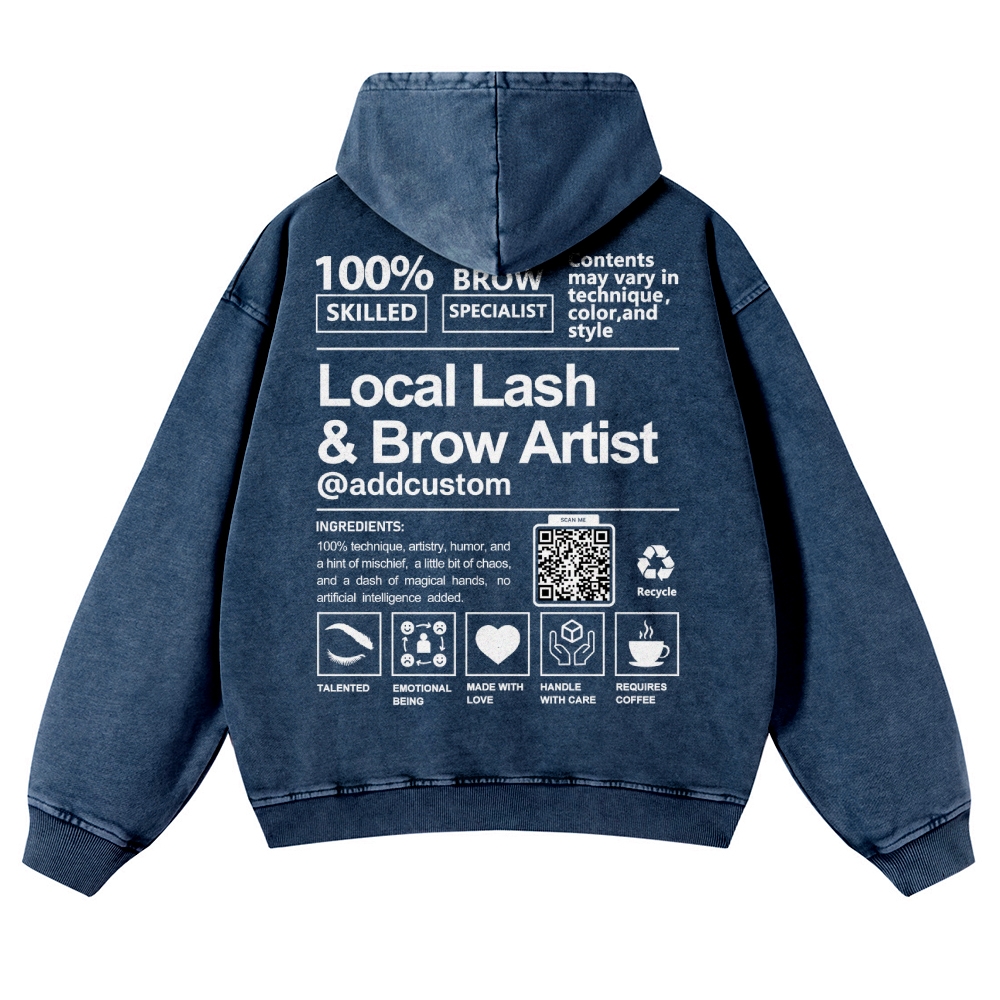 Local Lash & Brow Artist Addcustom QR Code Casual Washed Hoodie Customscool