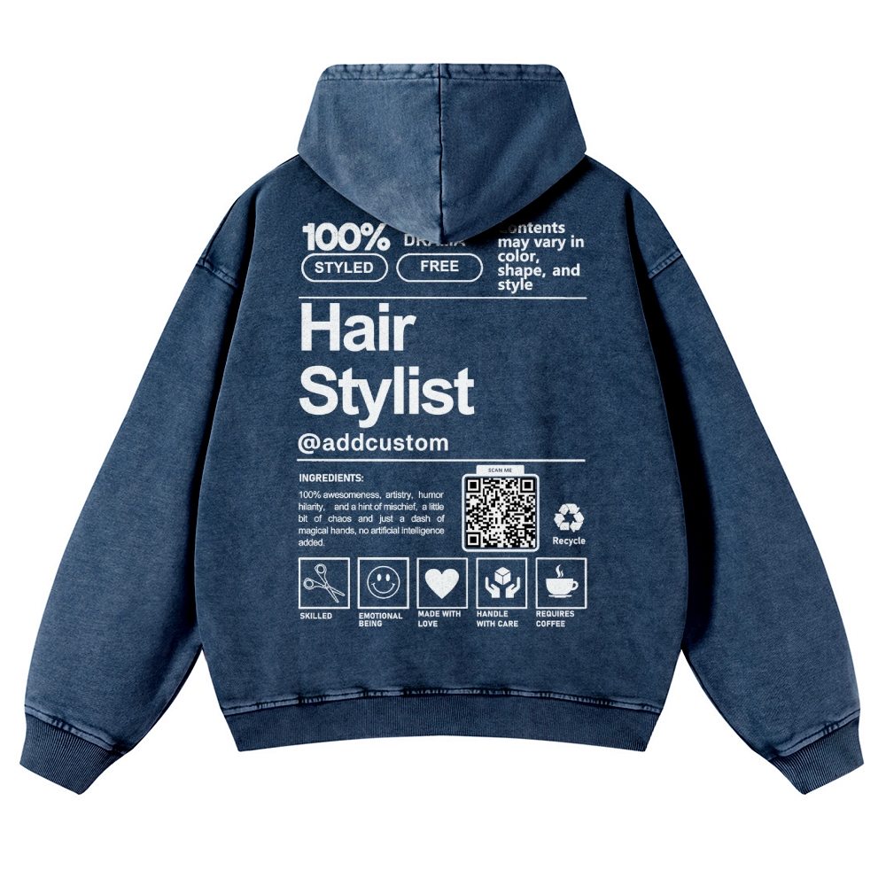 Hair Stylist Addcustom QR Code Casual Washed Hoodie Customscool