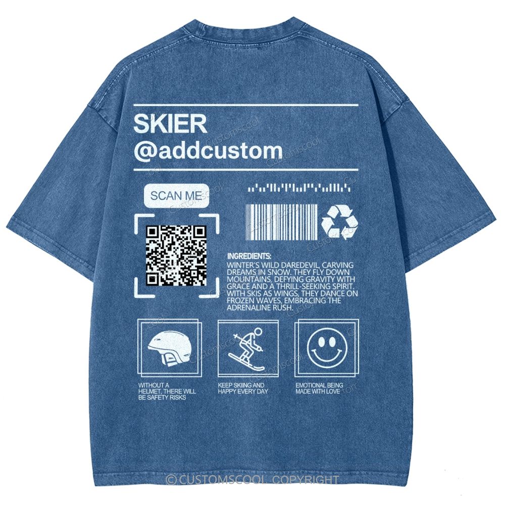 Skier Addcustom QR Code Name Unisex Fit Washed T-Shirt Customscool