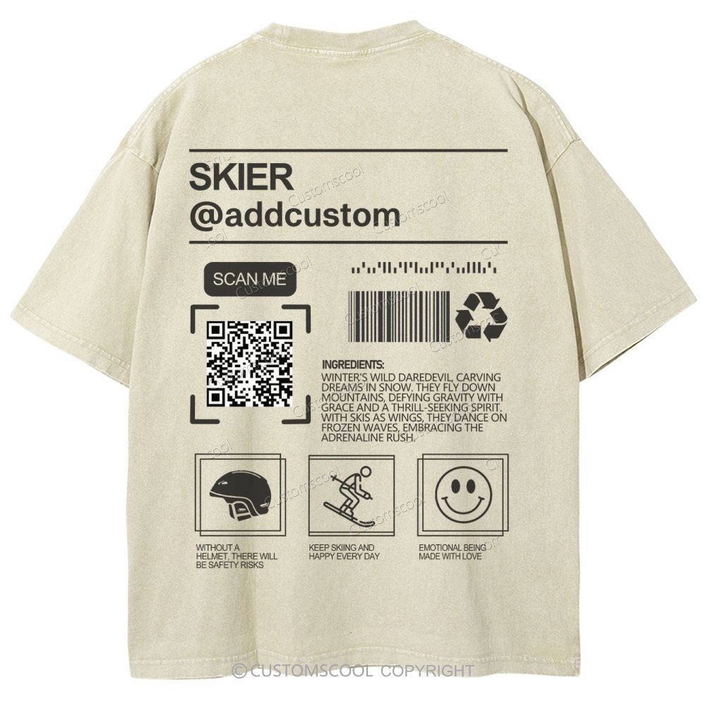 Skier Addcustom QR Code Name Unisex Fit Washed T-Shirt Customscool