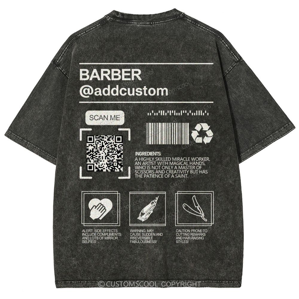 Barber Addcustom QR Code Name Unisex Fit Washed T-Shirt Customscool