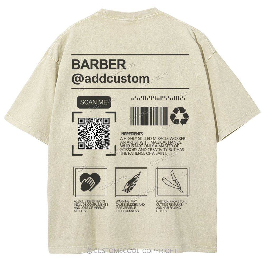 Barber Addcustom QR Code Name Unisex Fit Washed T-Shirt Customscool