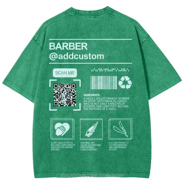 Barber Addcustom QR Code Name Unisex Fit Washed T-Shirt Customscool