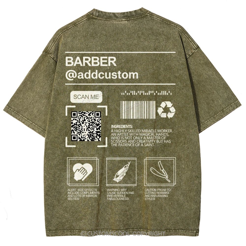 Barber Addcustom QR Code Name Unisex Fit Washed T-Shirt Customscool