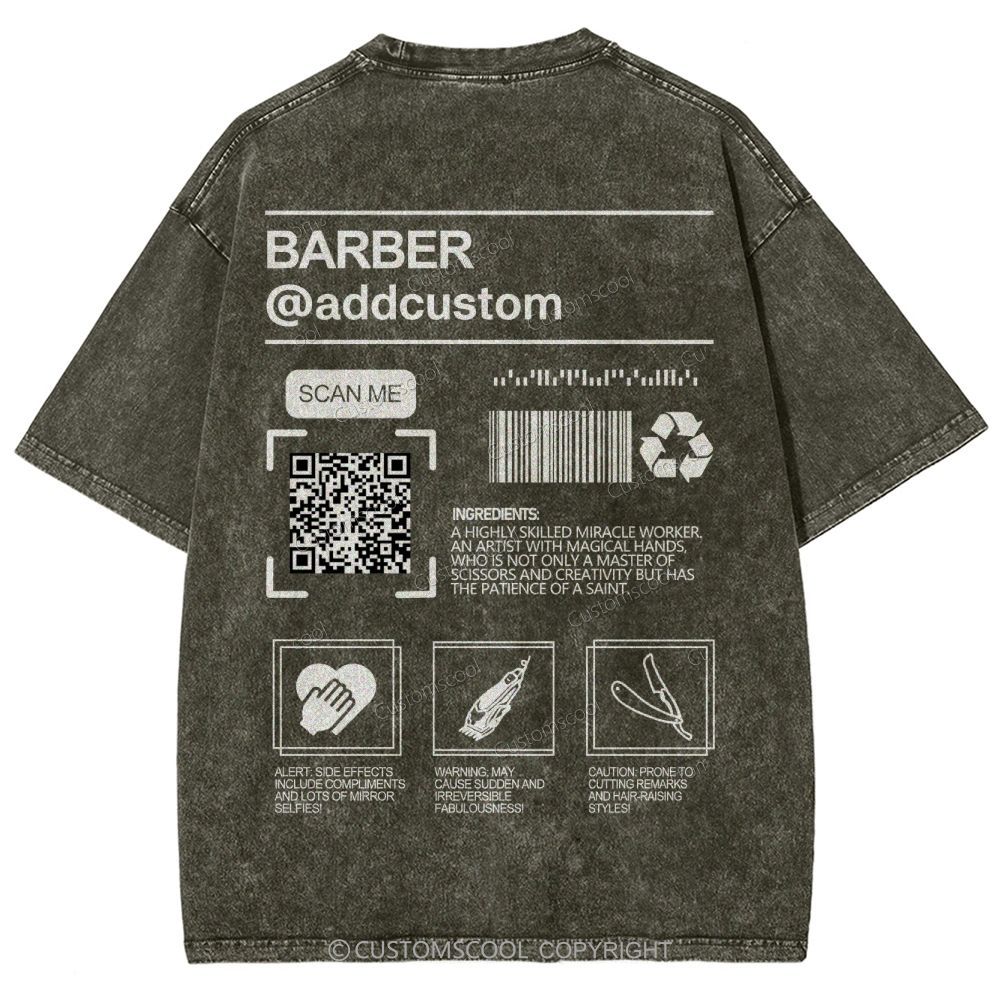 Barber Addcustom QR Code Name Unisex Fit Washed T-Shirt Customscool