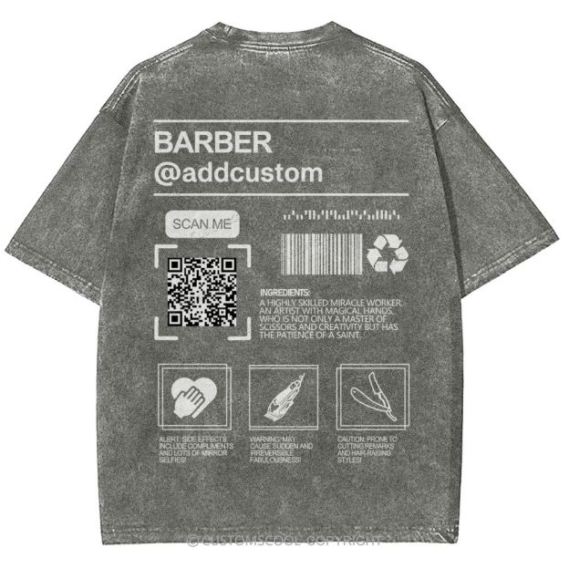 Barber Addcustom QR Code Name Unisex Fit Washed T-Shirt Customscool