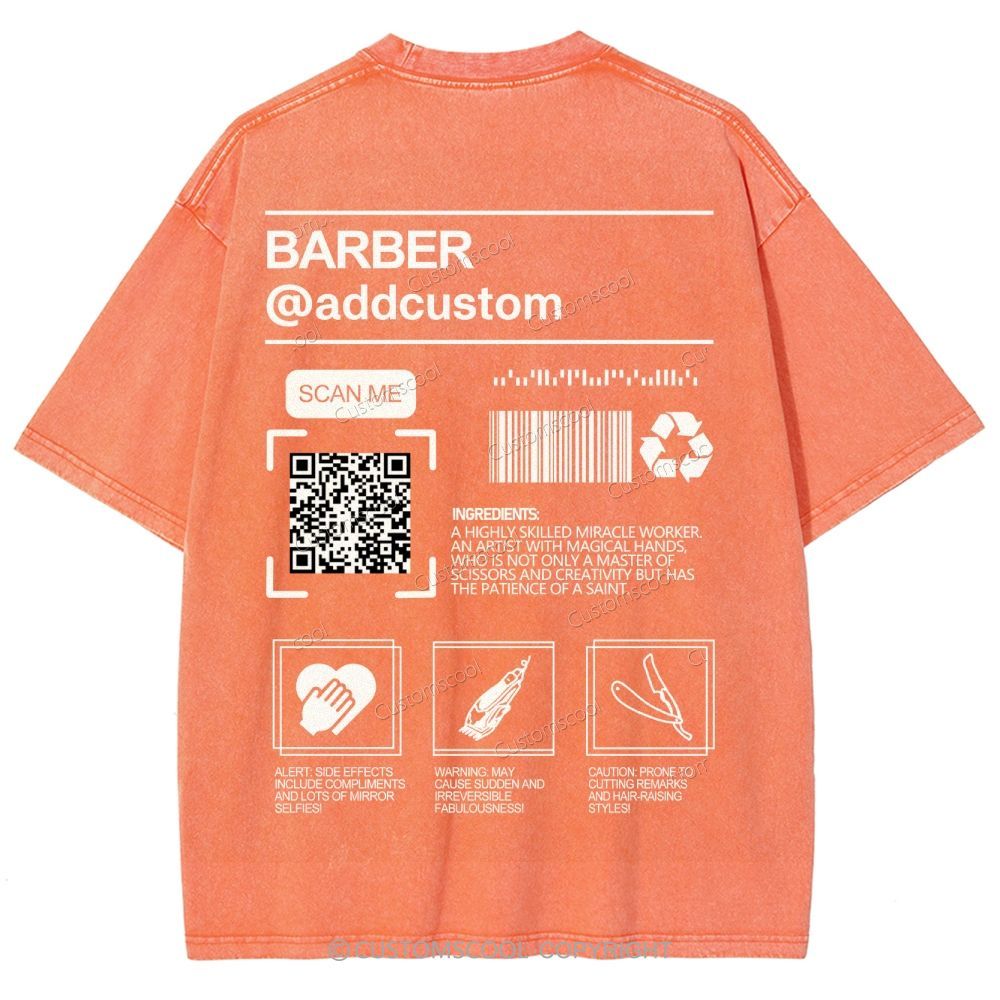 Barber Addcustom QR Code Name Unisex Fit Washed T-Shirt Customscool