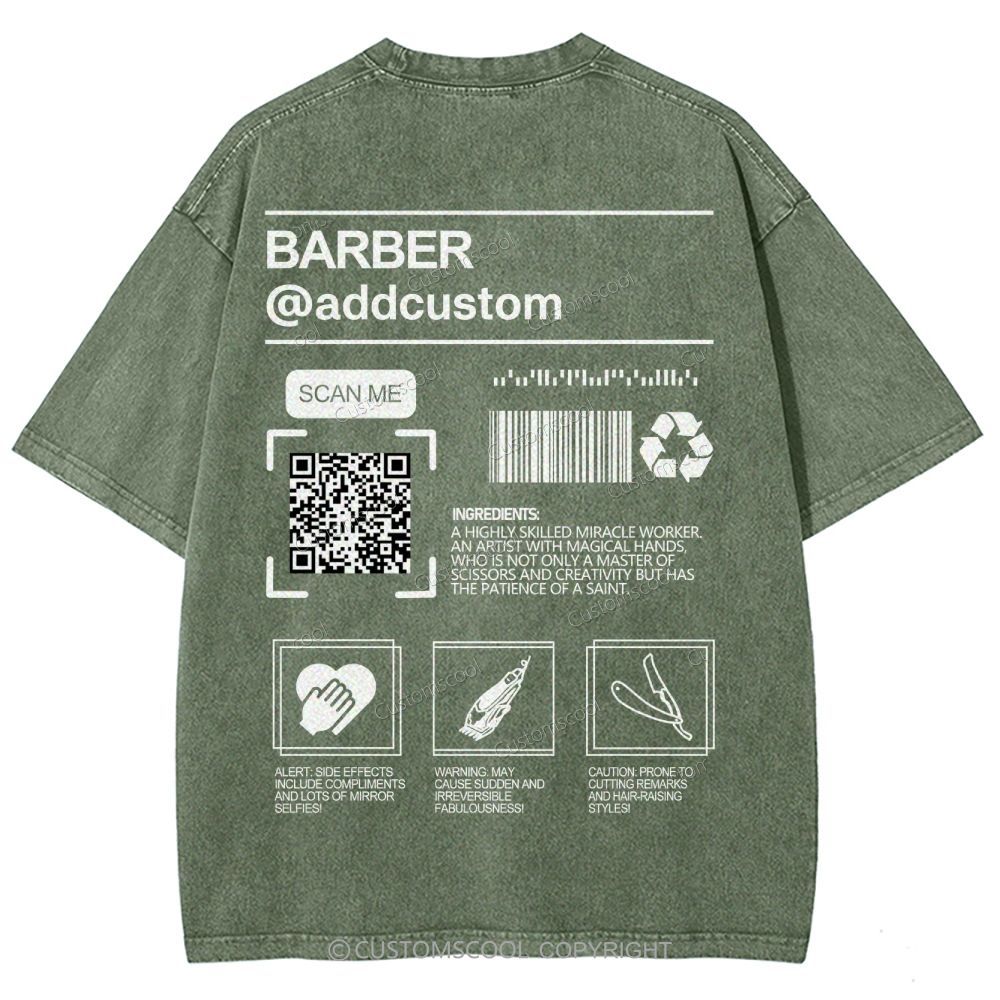Barber Addcustom QR Code Name Unisex Fit Washed T-Shirt Customscool