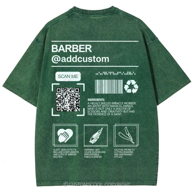 Barber Addcustom QR Code Name Unisex Fit Washed T-Shirt Customscool