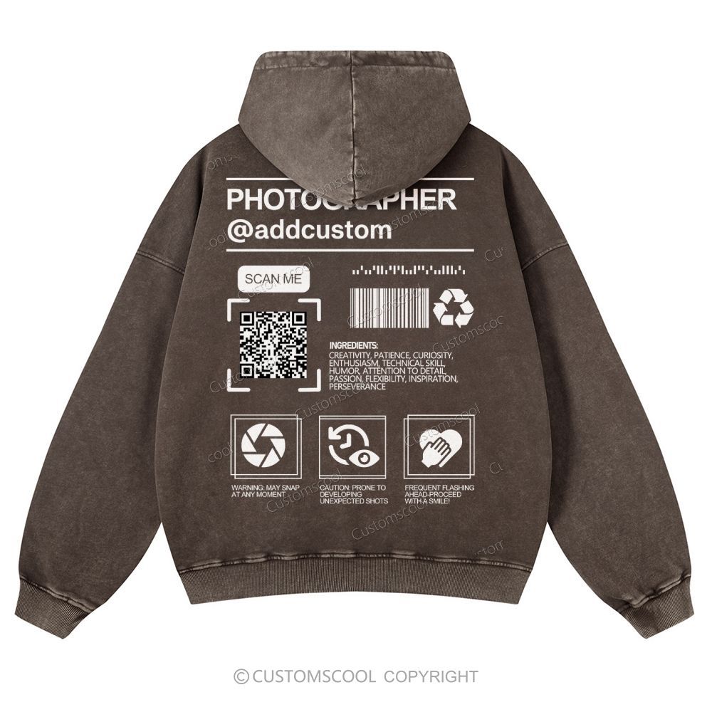 Photographer Addcustom QR Code Name Casual Washed Hoodie Customscool
