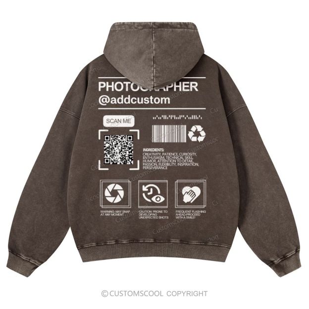 Photographer Addcustom QR Code Name Casual Washed Hoodie Customscool