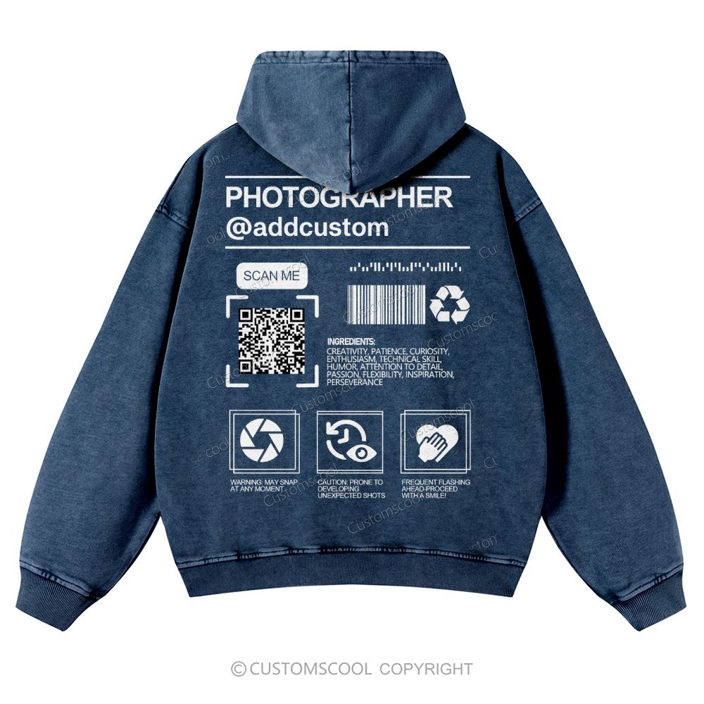 Photographer Addcustom QR Code Name Casual Washed Hoodie Customscool