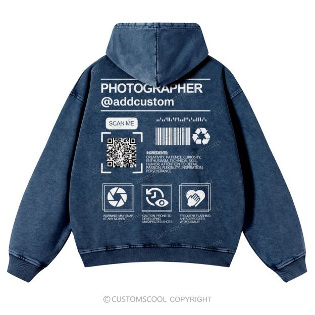 Photographer Addcustom QR Code Name Casual Washed Hoodie Customscool