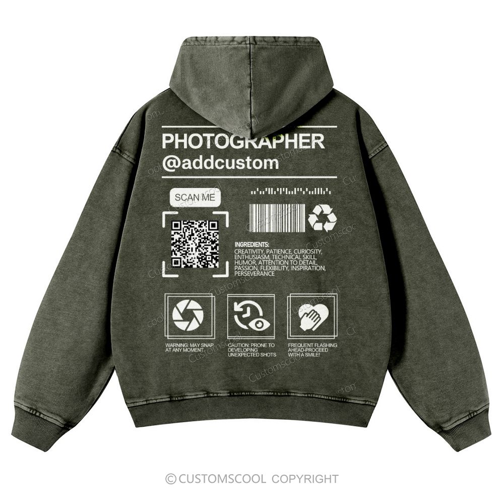 Photographer Addcustom QR Code Name Casual Washed Hoodie Customscool