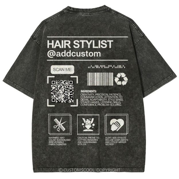 Hair Stylist Addcustom QR Code Name Unisex Fit Washed T-Shirt Customscool