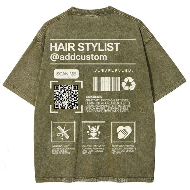 Hair Stylist Addcustom QR Code Name Unisex Fit Washed T-Shirt Customscool