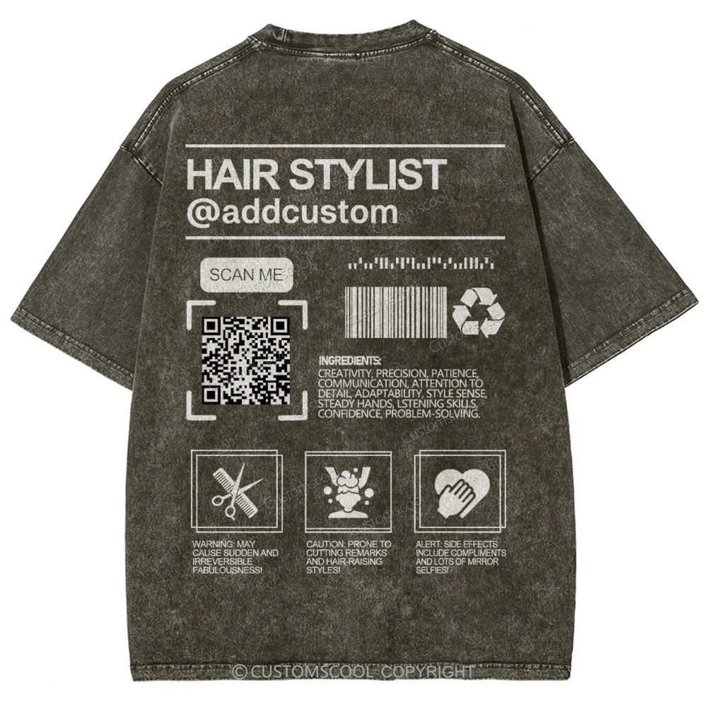 Hair Stylist Addcustom QR Code Name Unisex Fit Washed T-Shirt Customscool